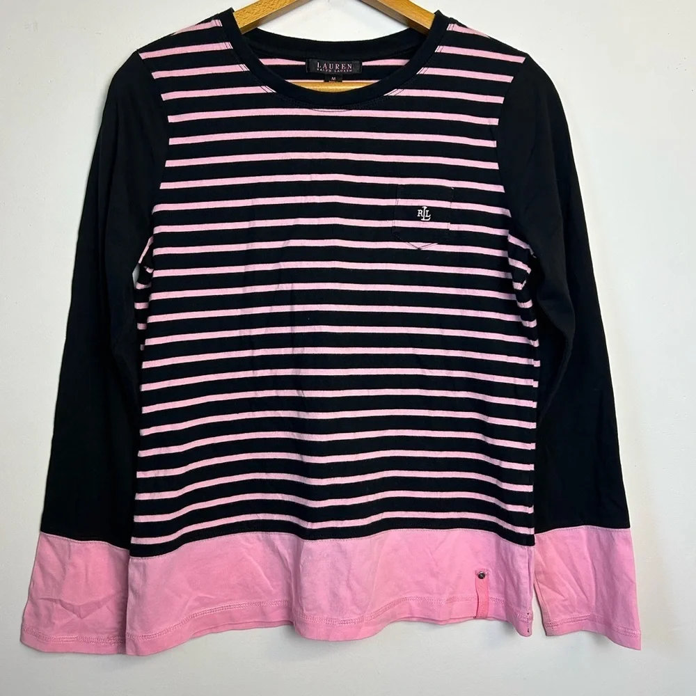 Lauren Ralph Lauren Black Label Sz M Black-Pink Striped Long‎ Sleeve Blouse top